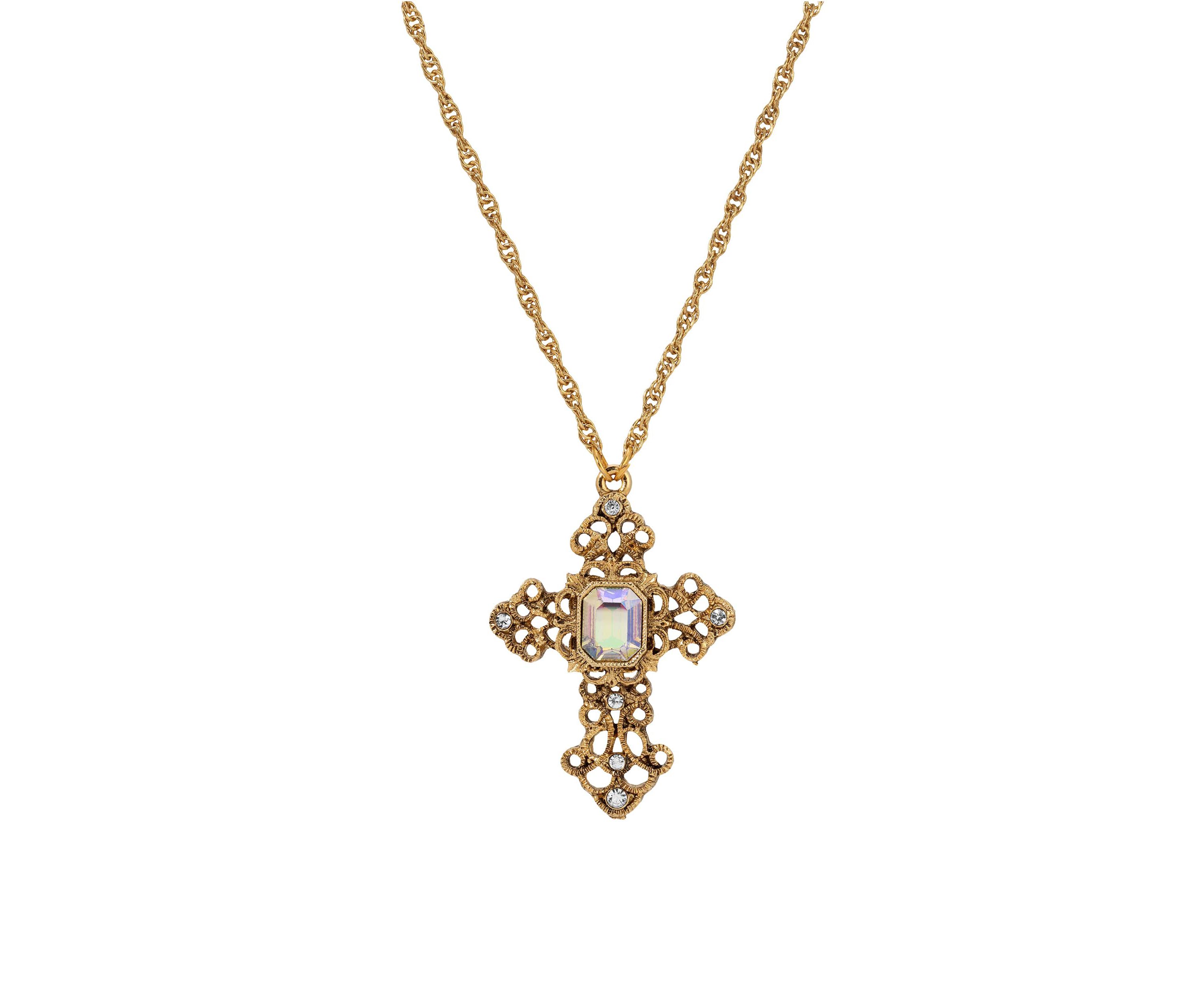 Purple Stone Crystal Cross Necklace 24"