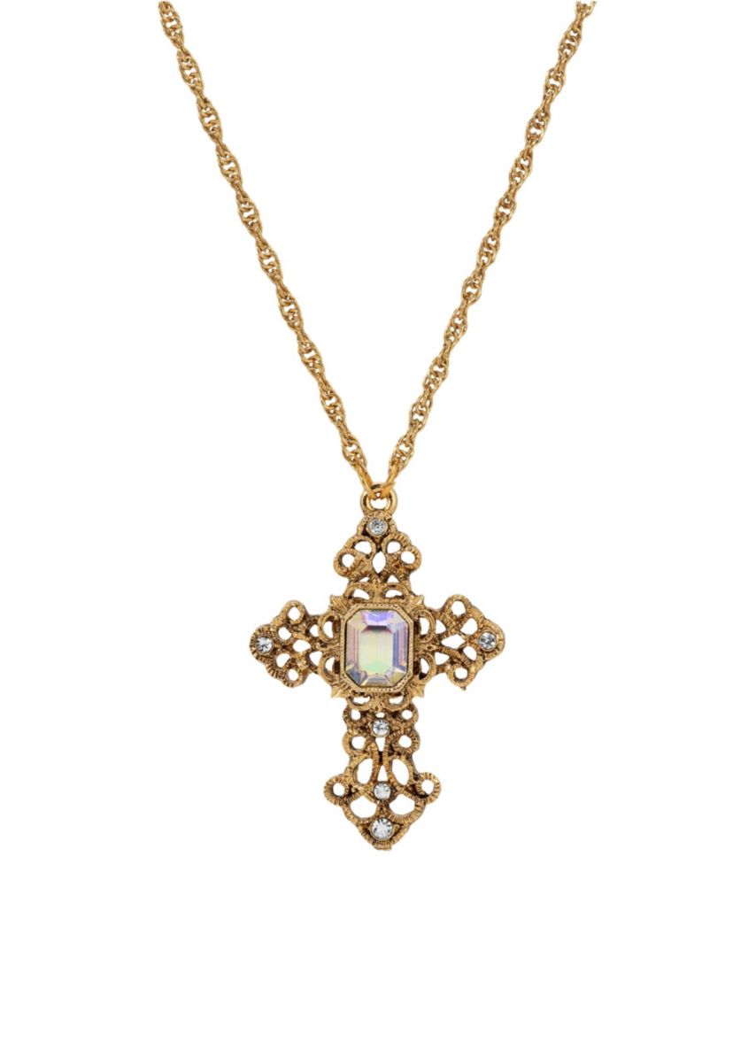 Purple Stone Crystal Cross Necklace 24"