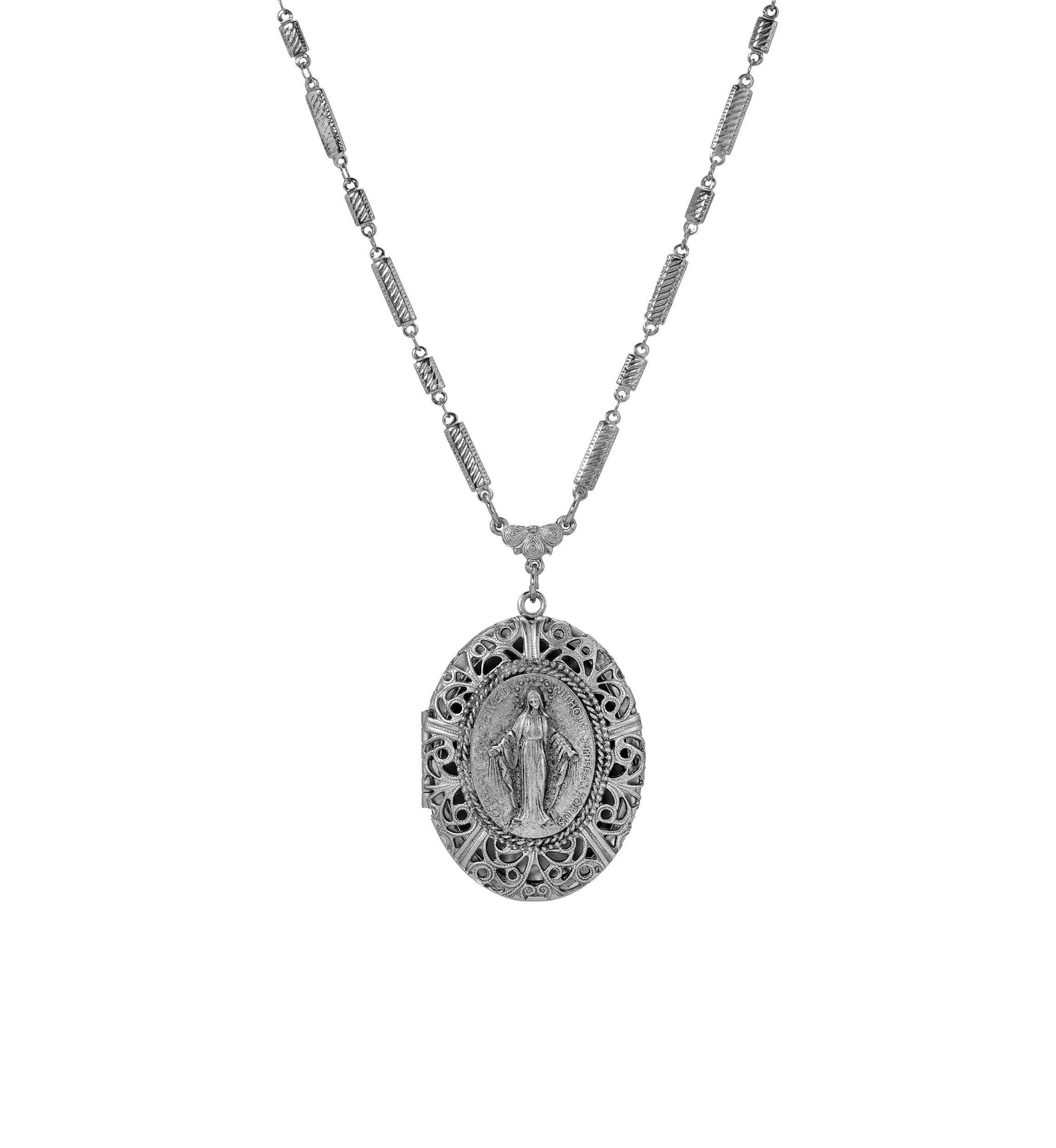 Silver Tone Oval Locket Necklace 28"