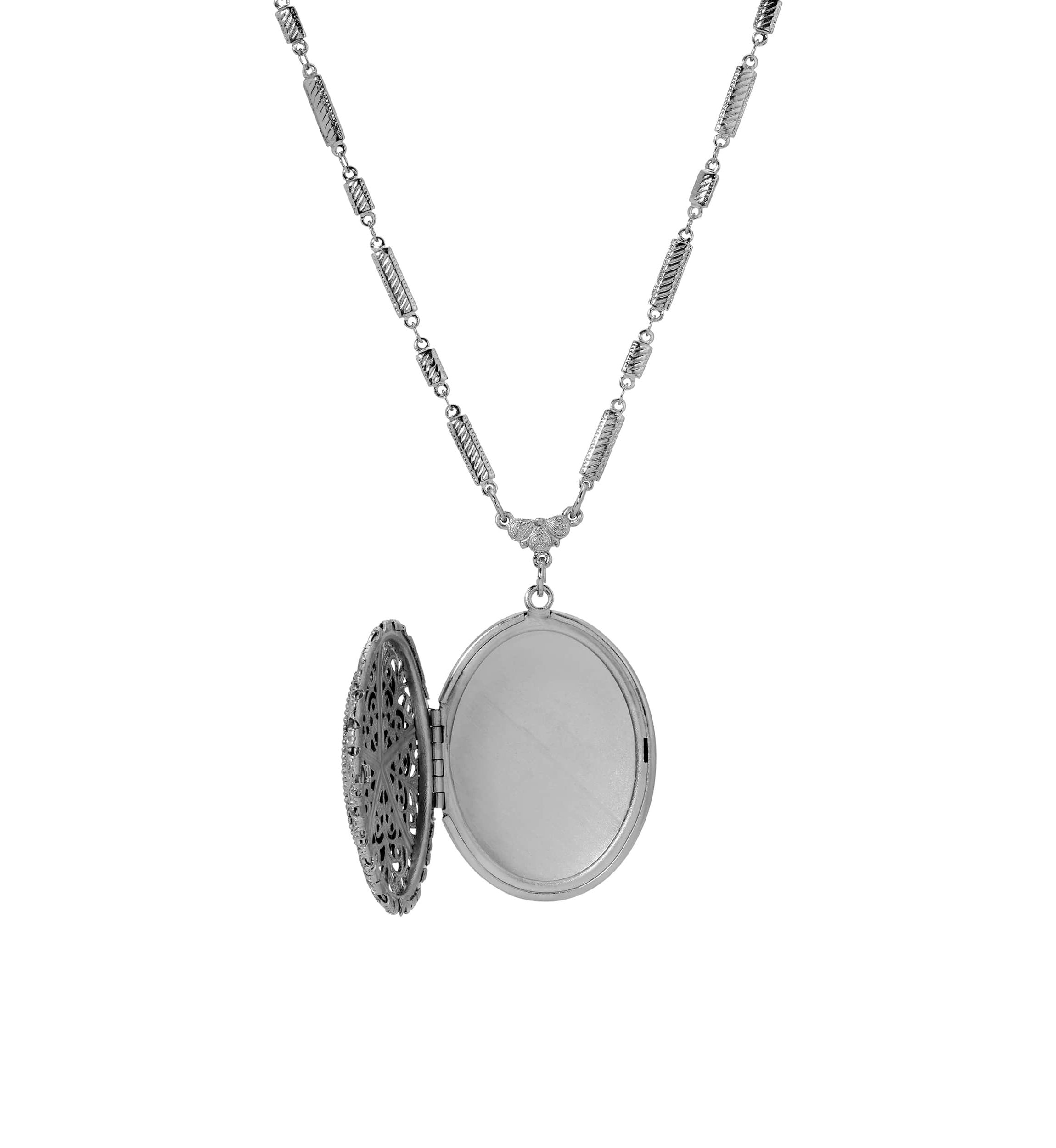 Silver Tone Oval Locket Necklace 28"