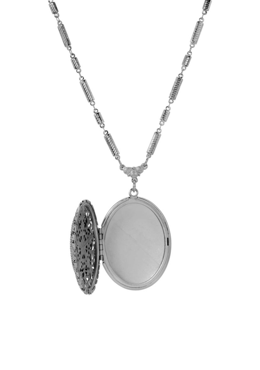 Silver Tone Oval Locket Necklace 28"