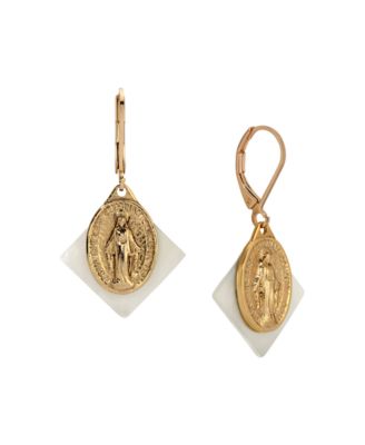 Symbols of Faith Gold Tone Mother Of Pearl Miraculous Medal Earrings