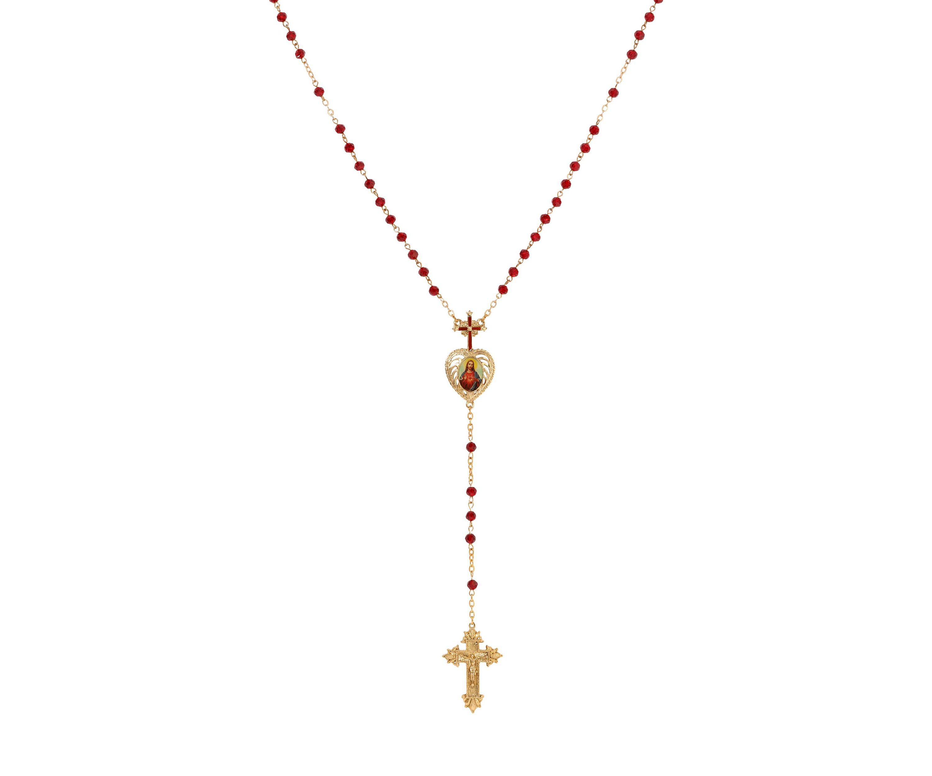 Gold Tone Red Bead Jesus Decal Rosary