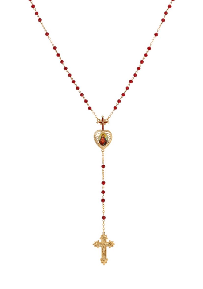 Gold Tone Red Bead Jesus Decal Rosary