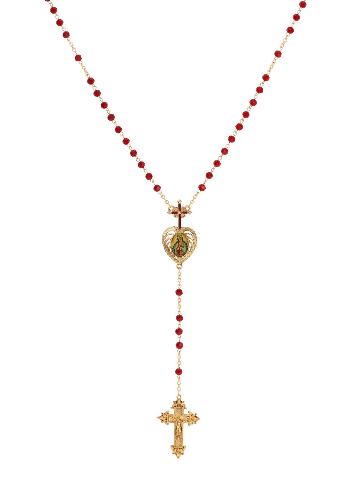 Cross Heart Guadalupe Red Bead Rosary