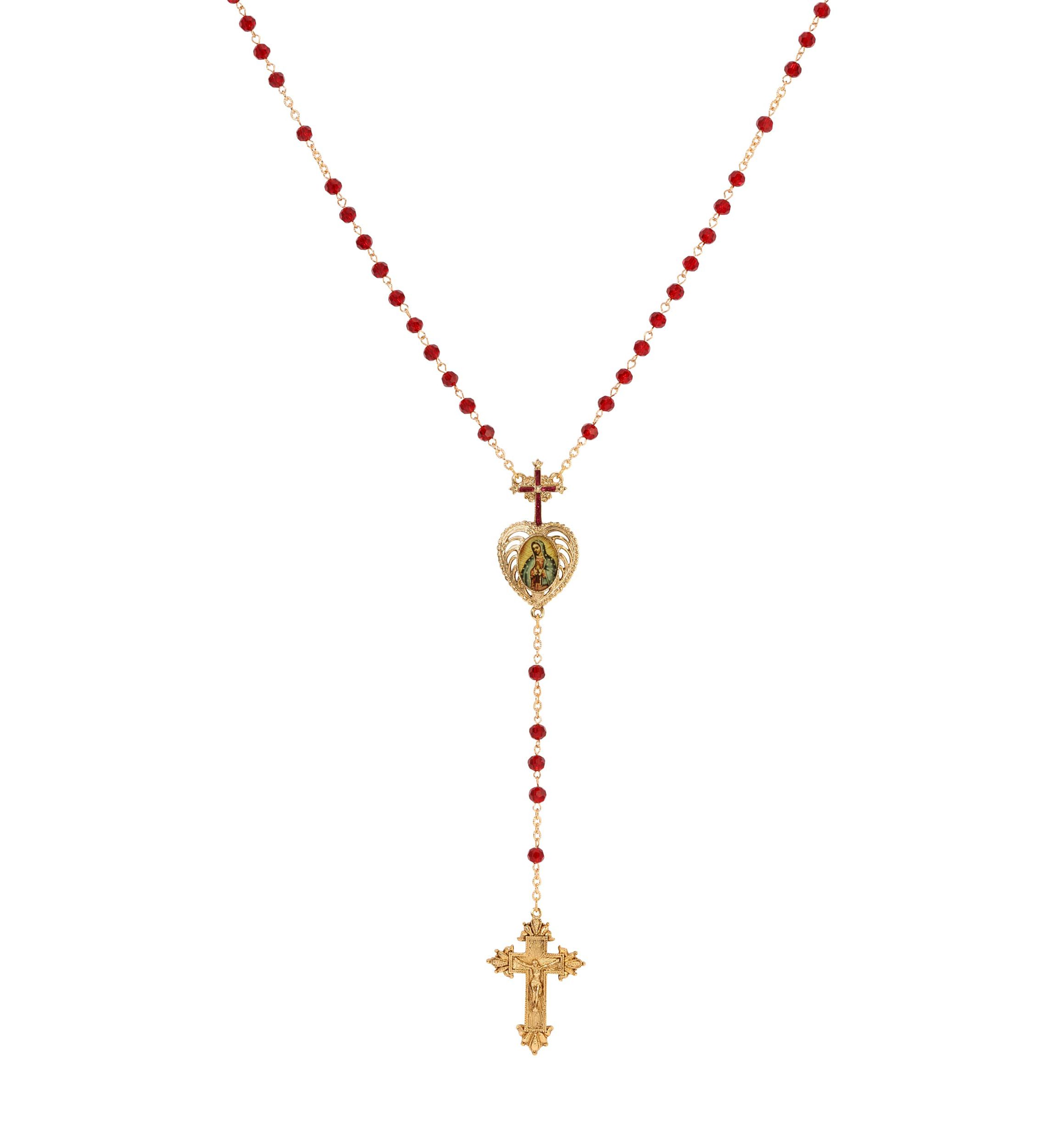 Cross Heart Guadalupe Red Bead Rosary