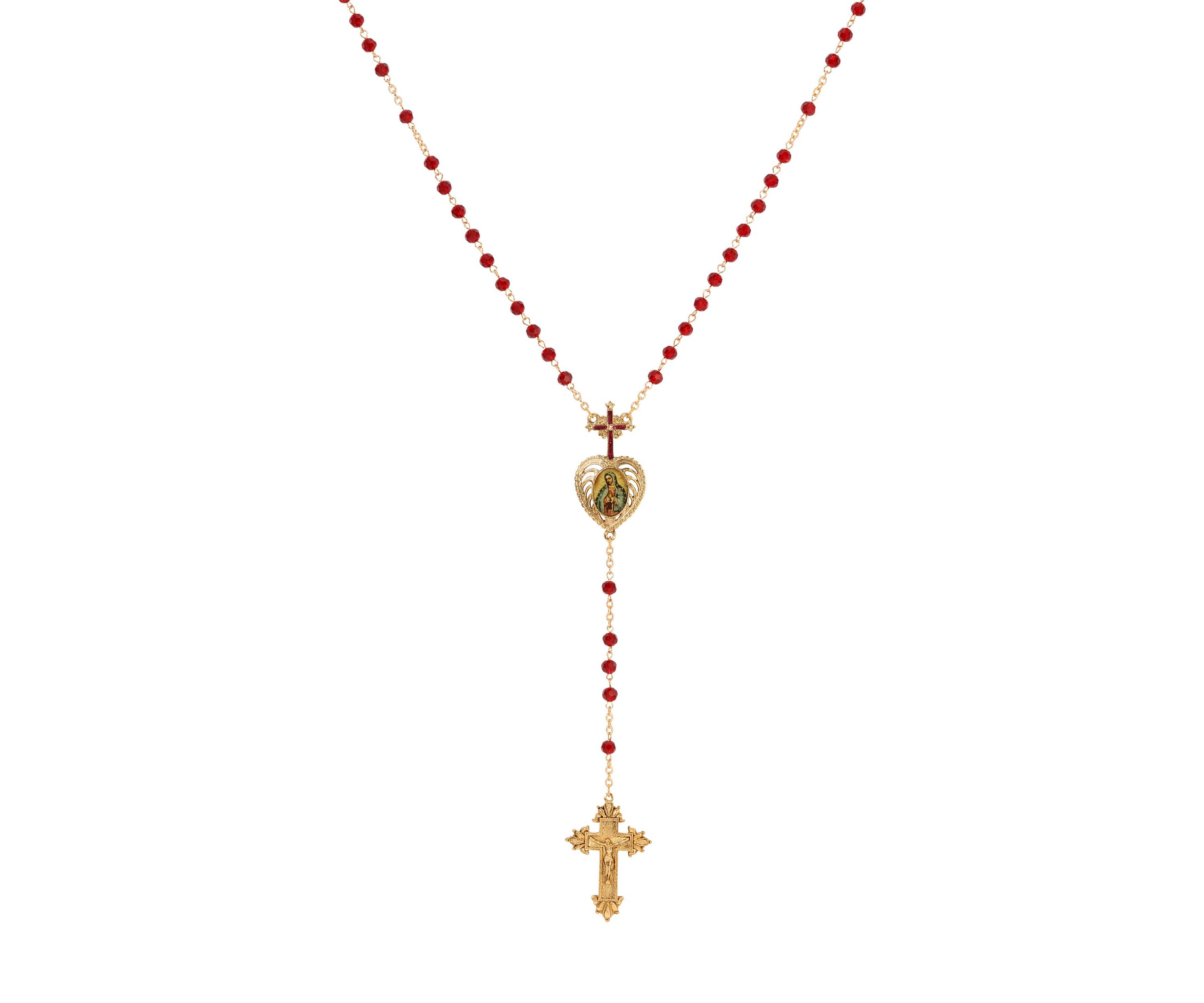 Cross Heart Guadalupe Red Bead Rosary