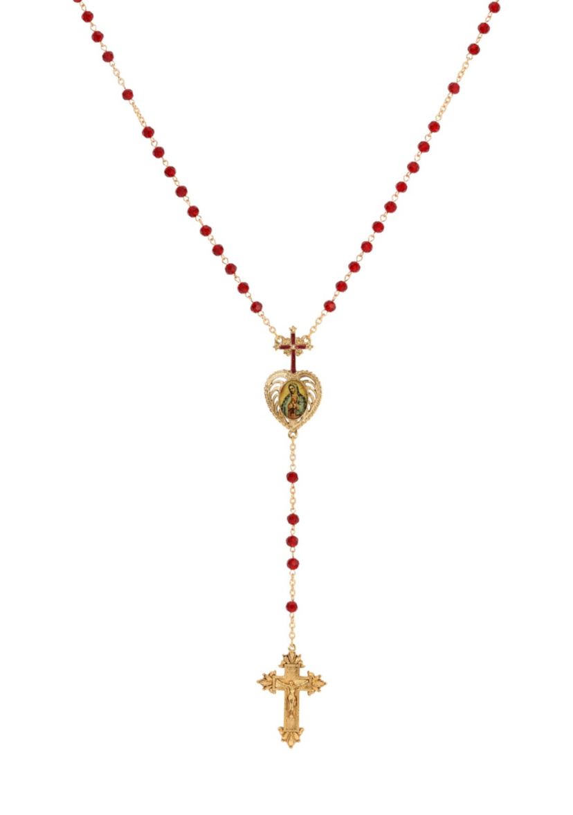 Cross Heart Guadalupe Red Bead Rosary