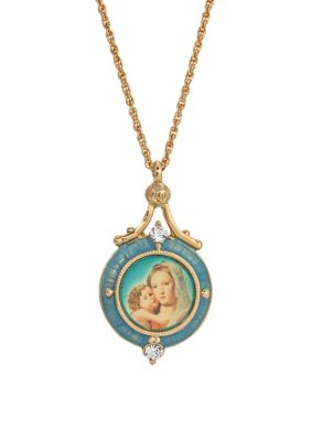 14K Gold-Dipped Blue Enamel Mary and Child Pendant Necklace - 16" Adj.