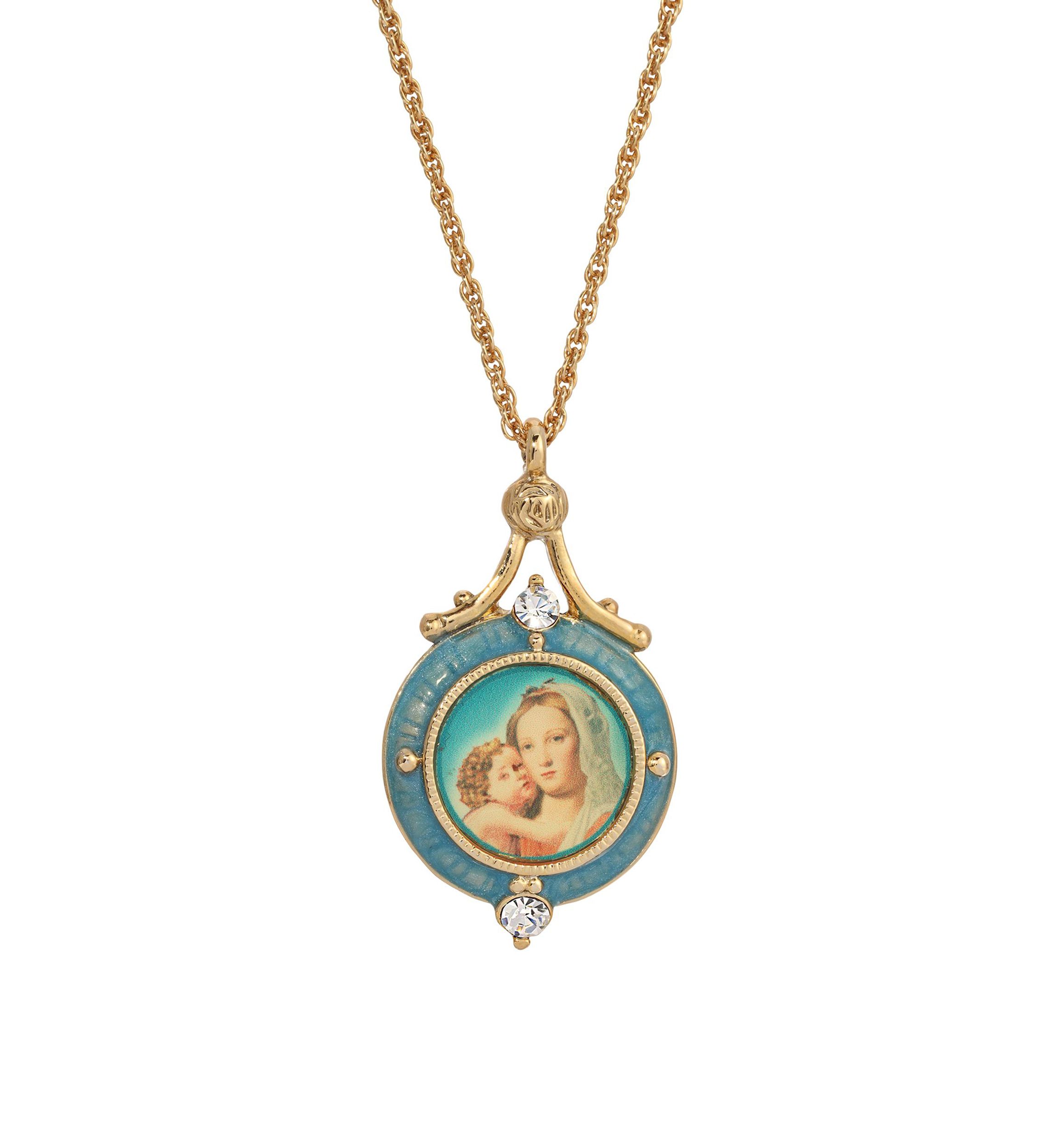 14K Gold-Dipped Blue Enamel Mary and Child Pendant Necklace - 16" Adj.