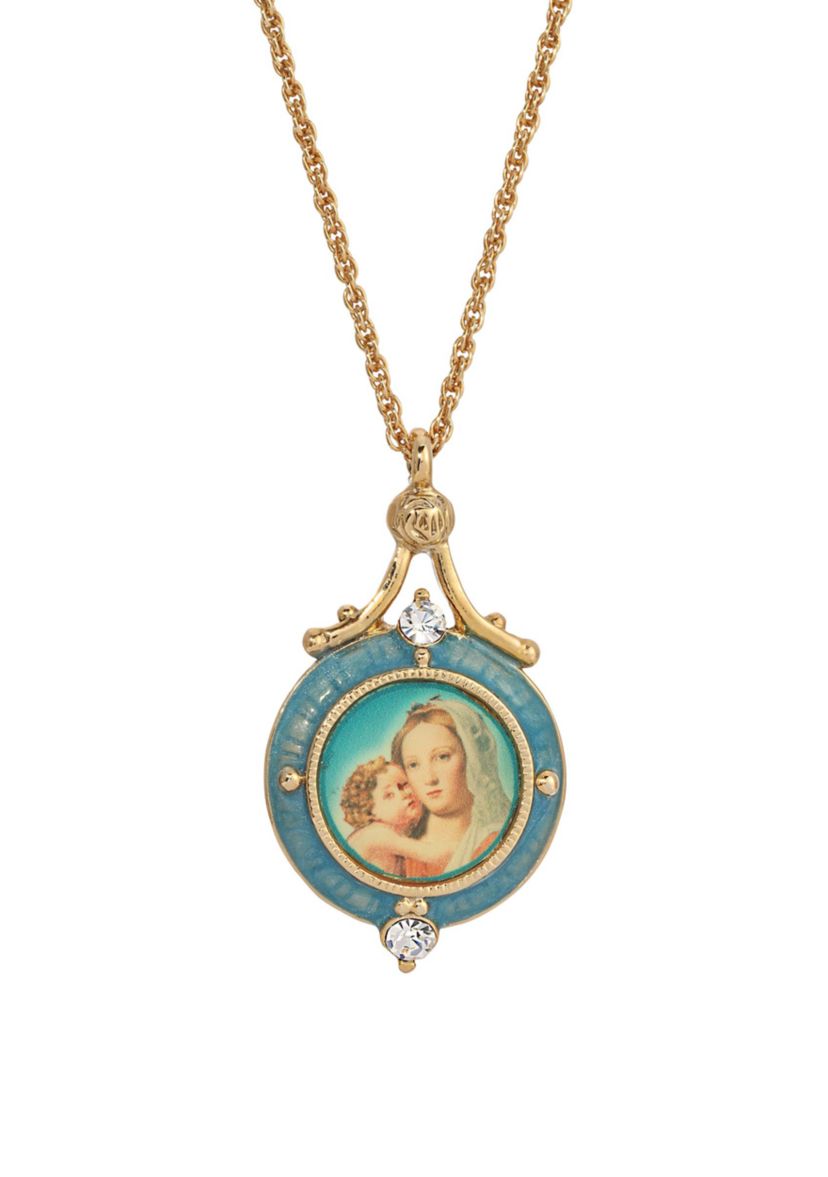 14K Gold-Dipped Blue Enamel Mary and Child Pendant Necklace - 16" Adj.