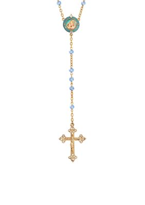 14K Gold-Dipped Blue Beaded Rosary with Mary and Child Decal