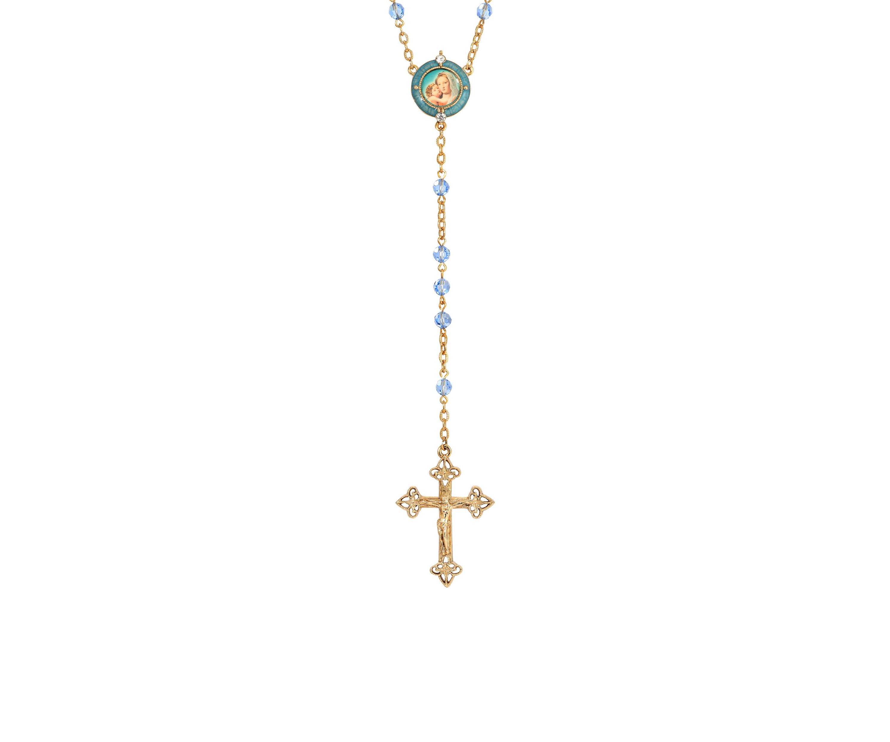 14K Gold-Dipped Blue Beaded Rosary with Mary and Child Decal
