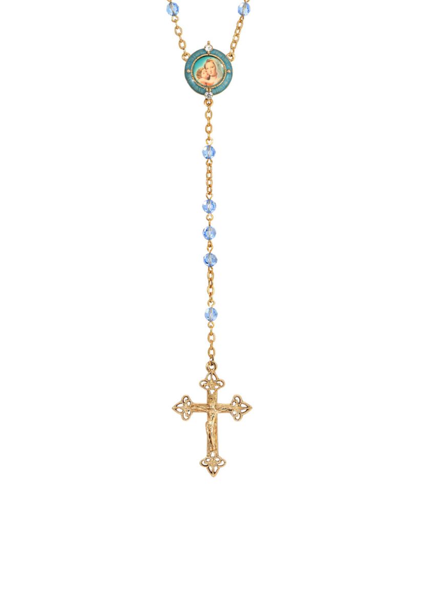 14K Gold-Dipped Blue Beaded Rosary with Mary and Child Decal