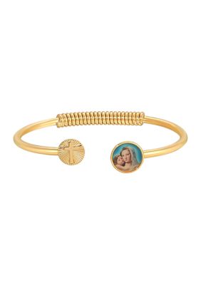 14K Gold-Dipped Sping Hinge Bracelet with Cross and Mary and Child Decal Accent