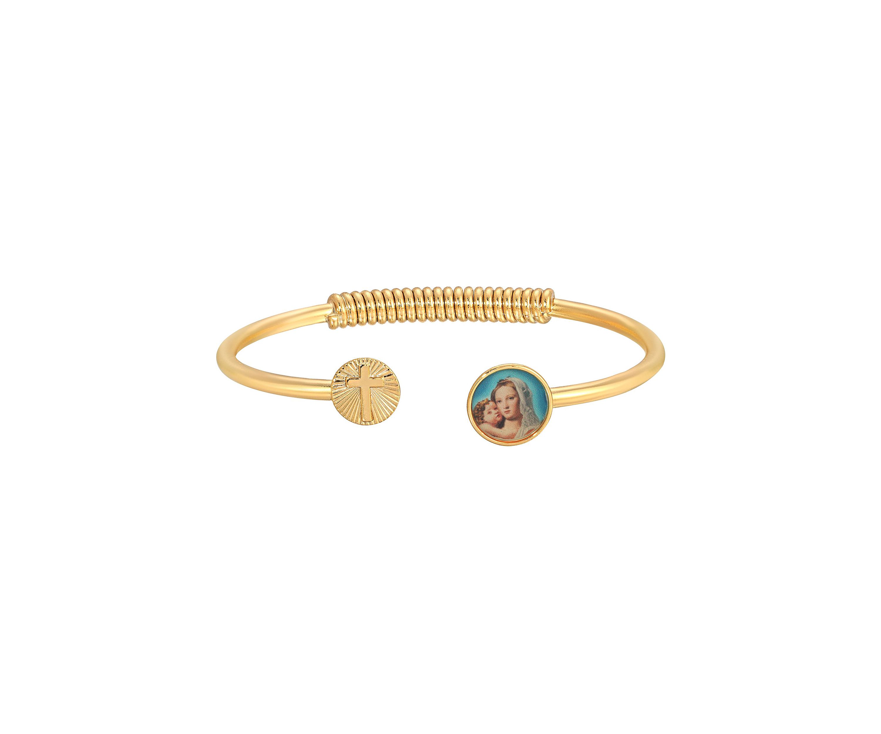 14K Gold-Dipped Sping Hinge Bracelet with Cross and Mary and Child Decal Accent