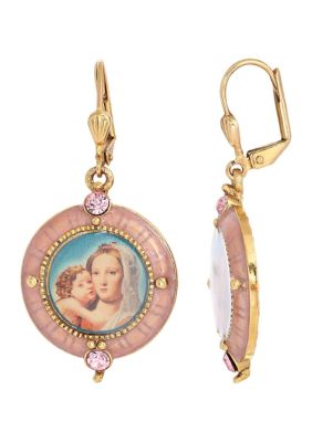 14K Gold-Dipped and Pink Crystal Enamel Earrings with Mary and Child Decal Image