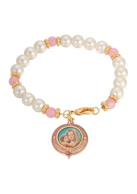 14K Gold-Dipped Faux Pearl/Pink Bracelet with Mary and Child Image Charm