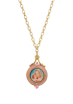 14K Gold-Dipped Pink Enamel Mary and Child Image Locket Necklace - 18"