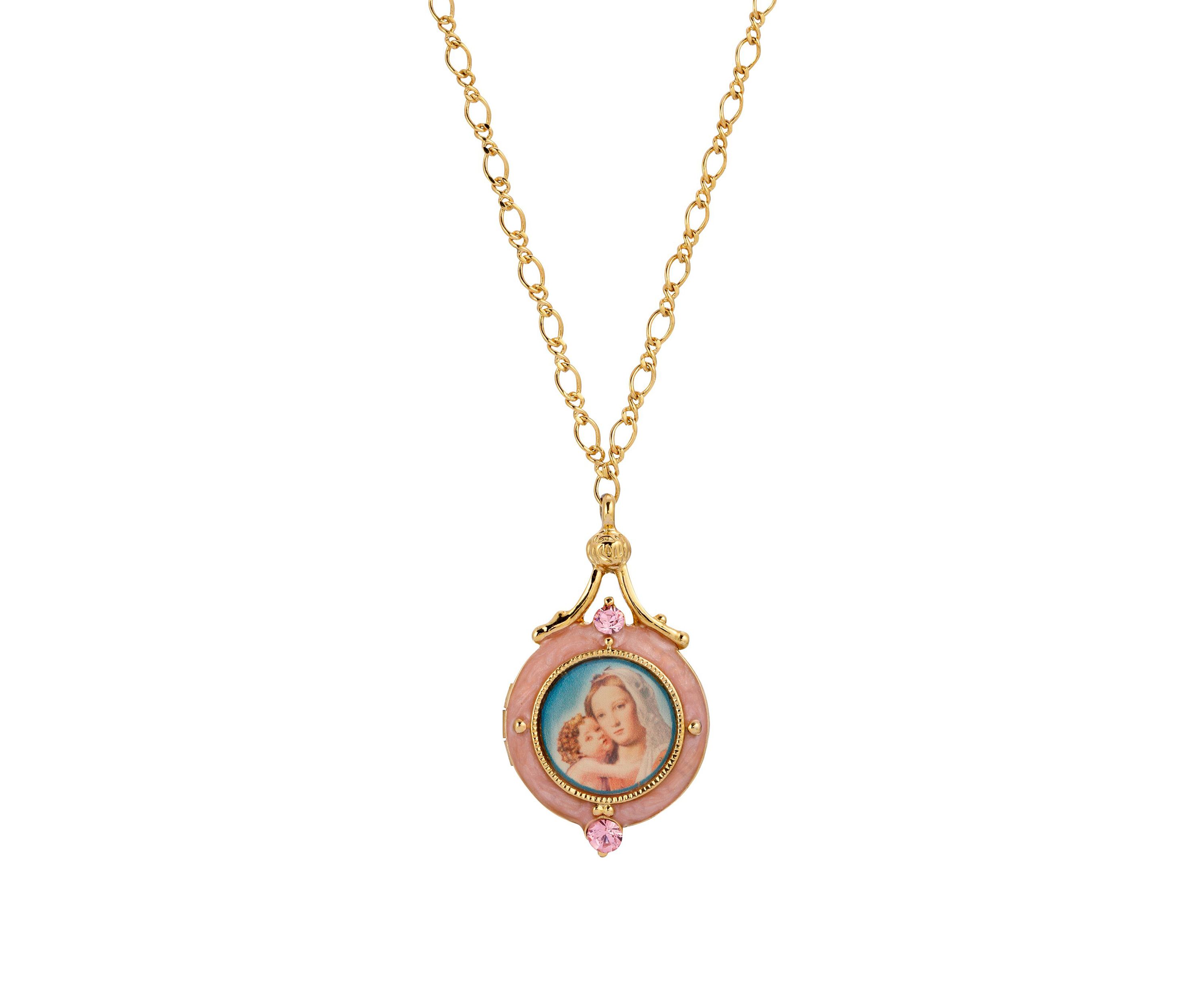 14K Gold-Dipped Pink Enamel Mary and Child Image Locket Necklace - 18"