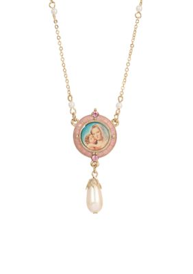 14K Gold-Dipped Pink Sim. Pearl Drop Pendant Mary and Child Necklace - 16" Adj.