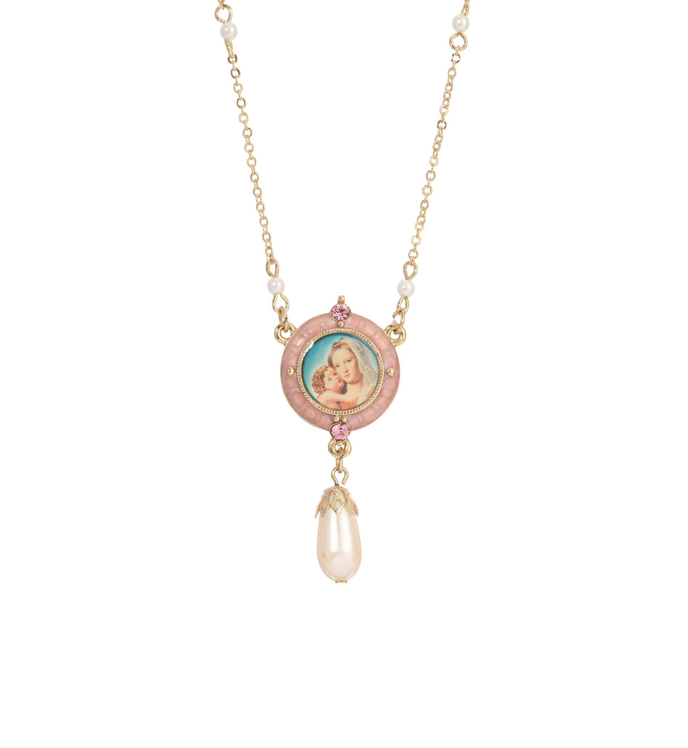 14K Gold-Dipped Pink Sim. Pearl Drop Pendant Mary and Child Necklace - 16" Adj.