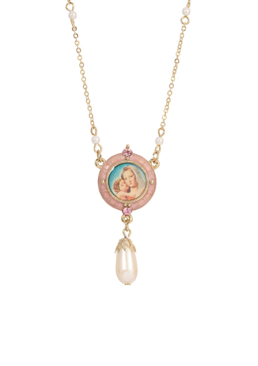 14K Gold-Dipped Pink Sim. Pearl Drop Pendant Mary and Child Necklace - 16" Adj.