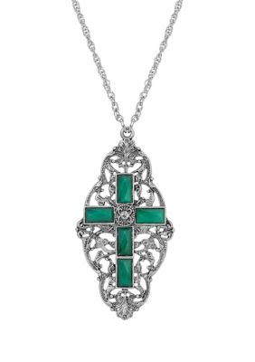 Pewter Green Stone Cross Necklace - 28"