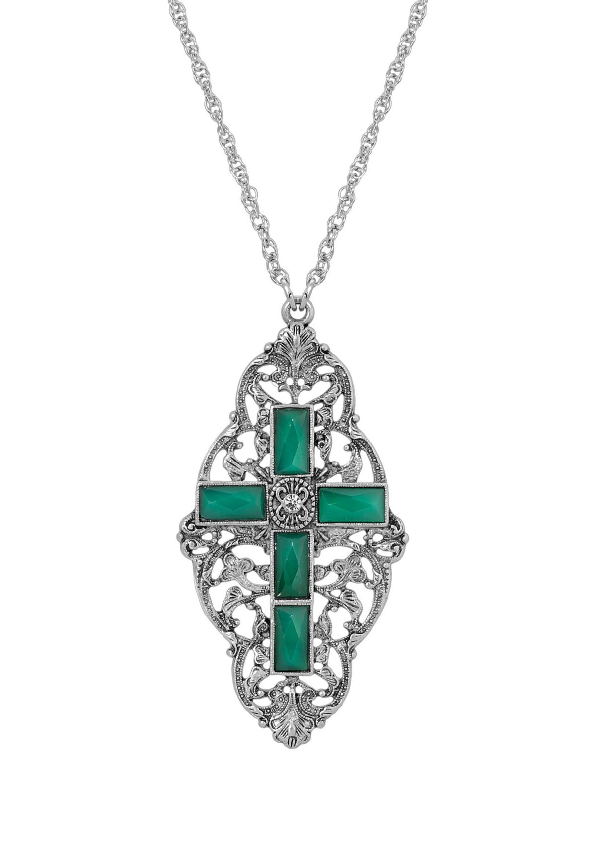 Pewter Green Stone Cross Necklace - 28"
