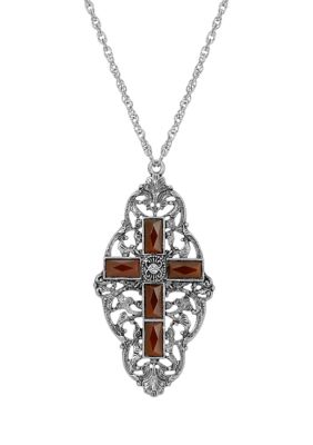 Pewter Carnelian Stone Cross Necklace - 28"