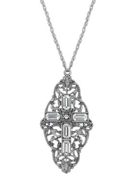 Pewter Crystal Cross Necklace - 28"