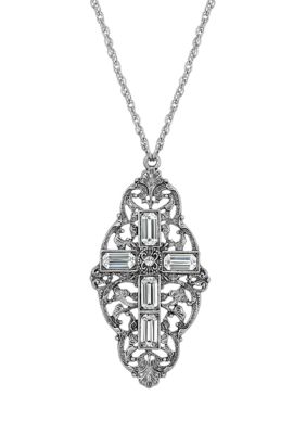 Symbols of Faith Pewter Crystal Cross Necklace - 28", White