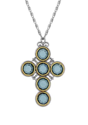 Symbols of Faith Pewter Cross with Round Blue Swarovski Crystal Necklace - 24"