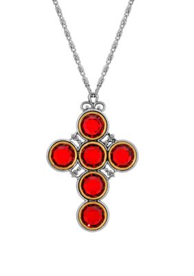 Symbols of Faith Pewter Cross with Round Red Swarovski Crystal Necklace - 24"