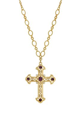 14K Gold Dipped Amethyst Cross Necklace - 28"