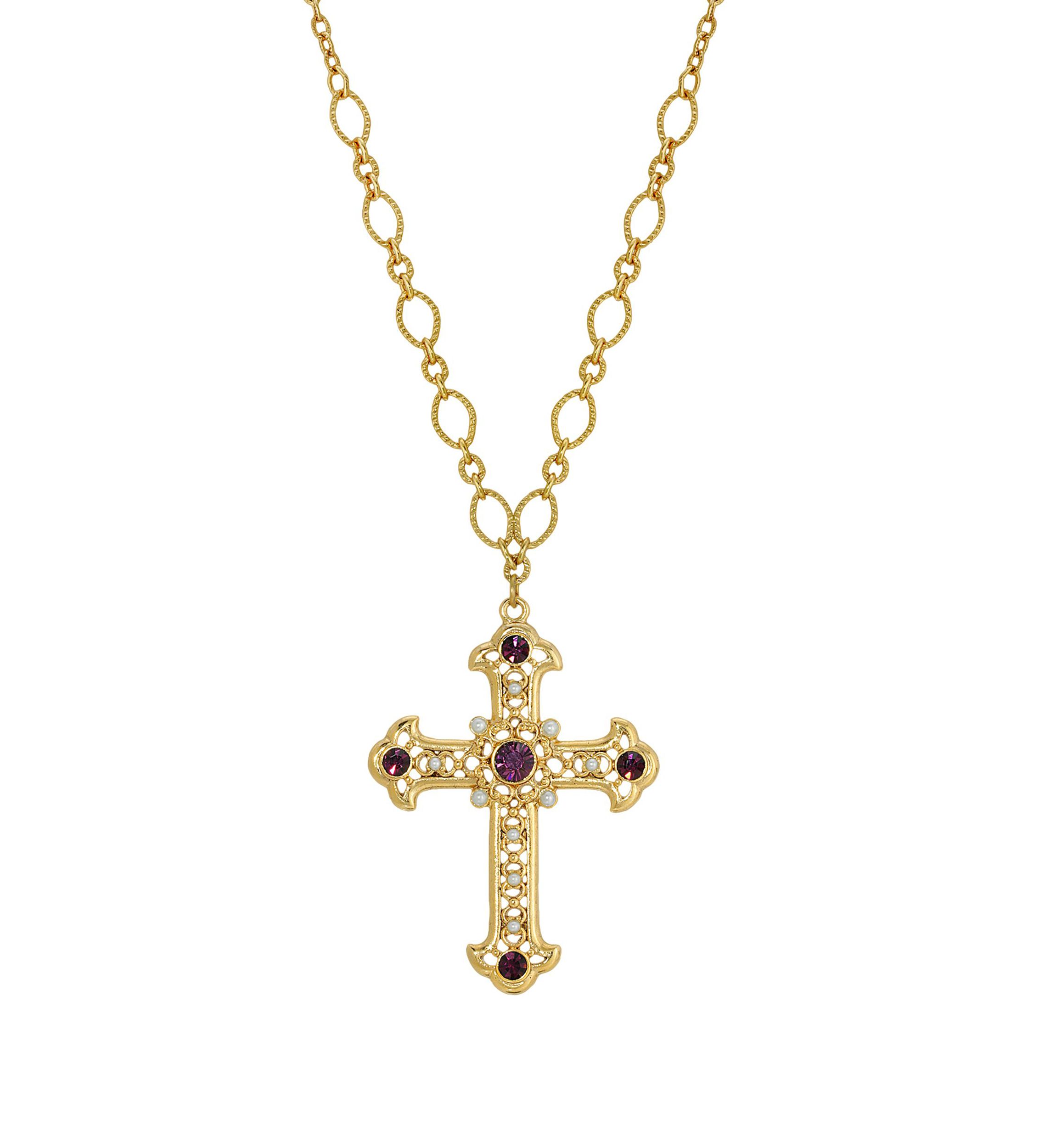 14K Gold Dipped Amethyst Cross Necklace - 28"