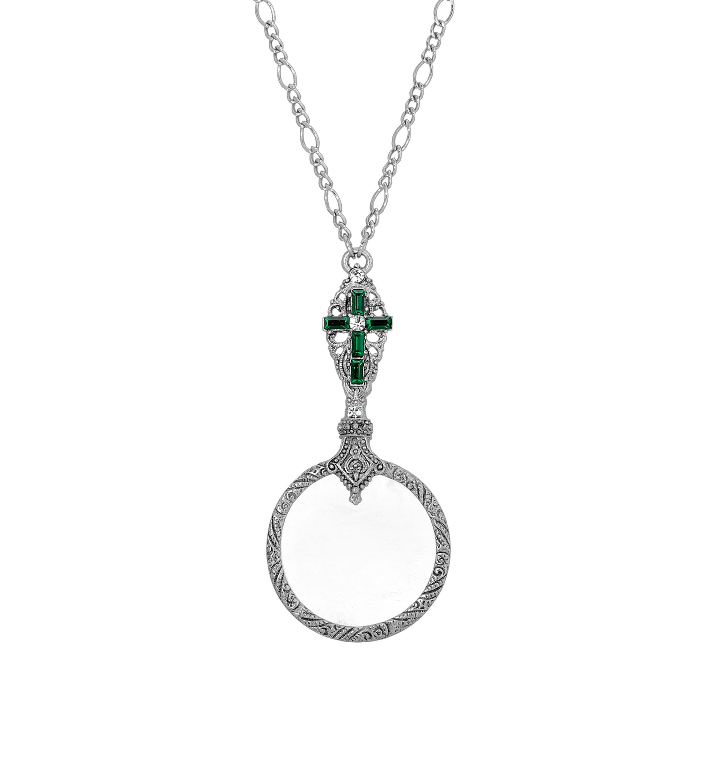 Pewter Green Crystal Cross Magnifier Necklace - 28"
