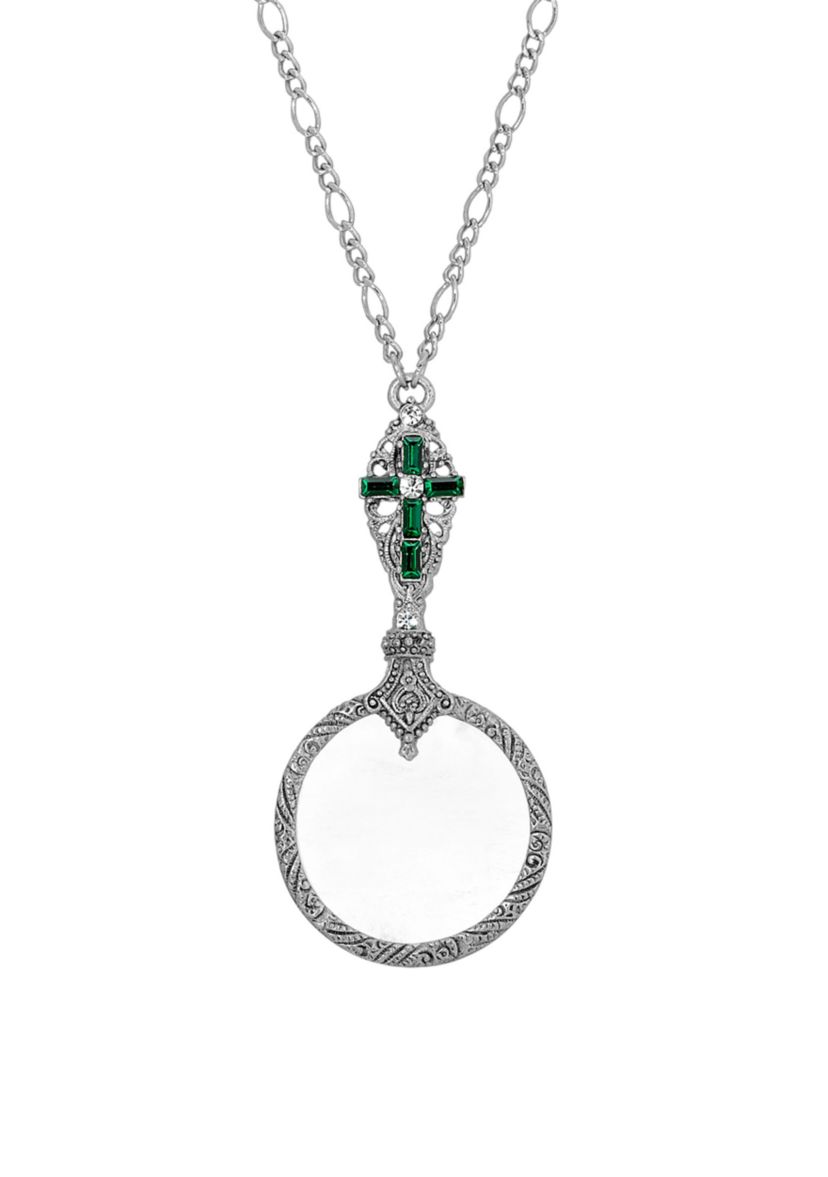 Pewter Green Crystal Cross Magnifier Necklace - 28"