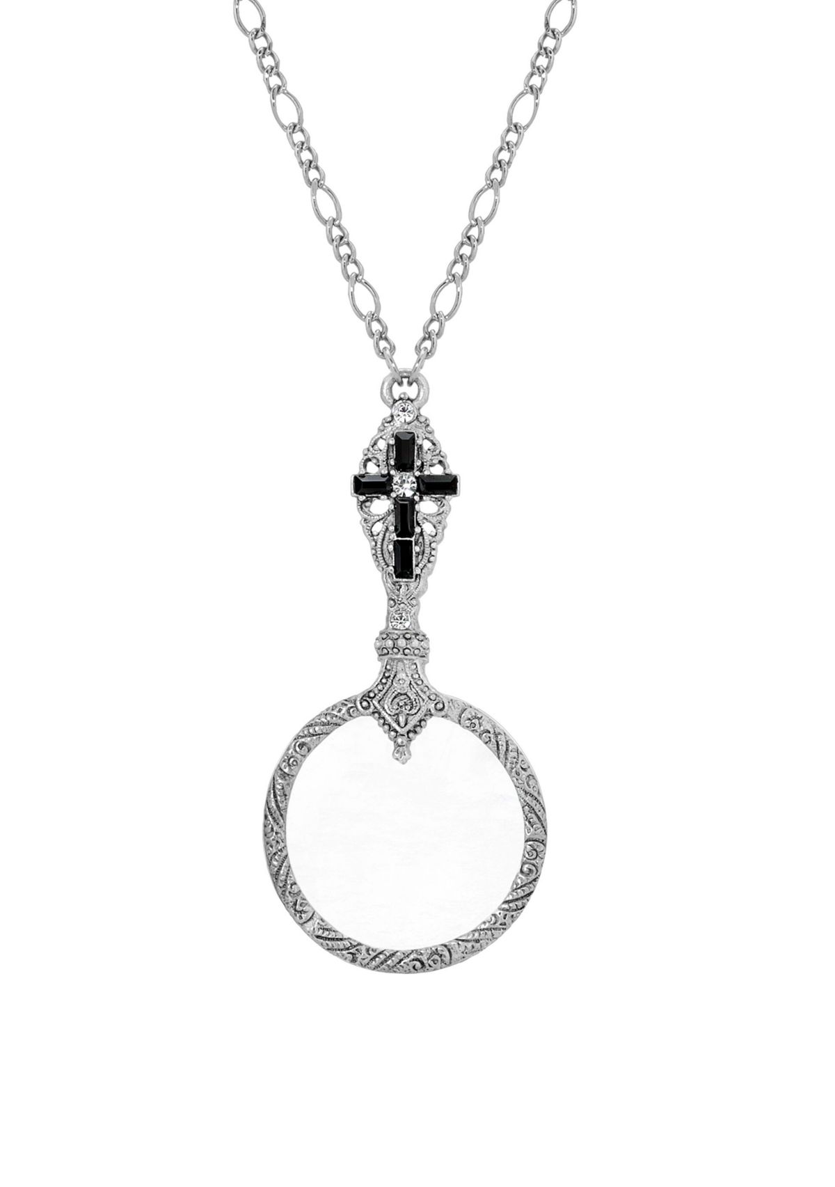 Pewter Black Crystal Cross Magnifier Necklace - 28"