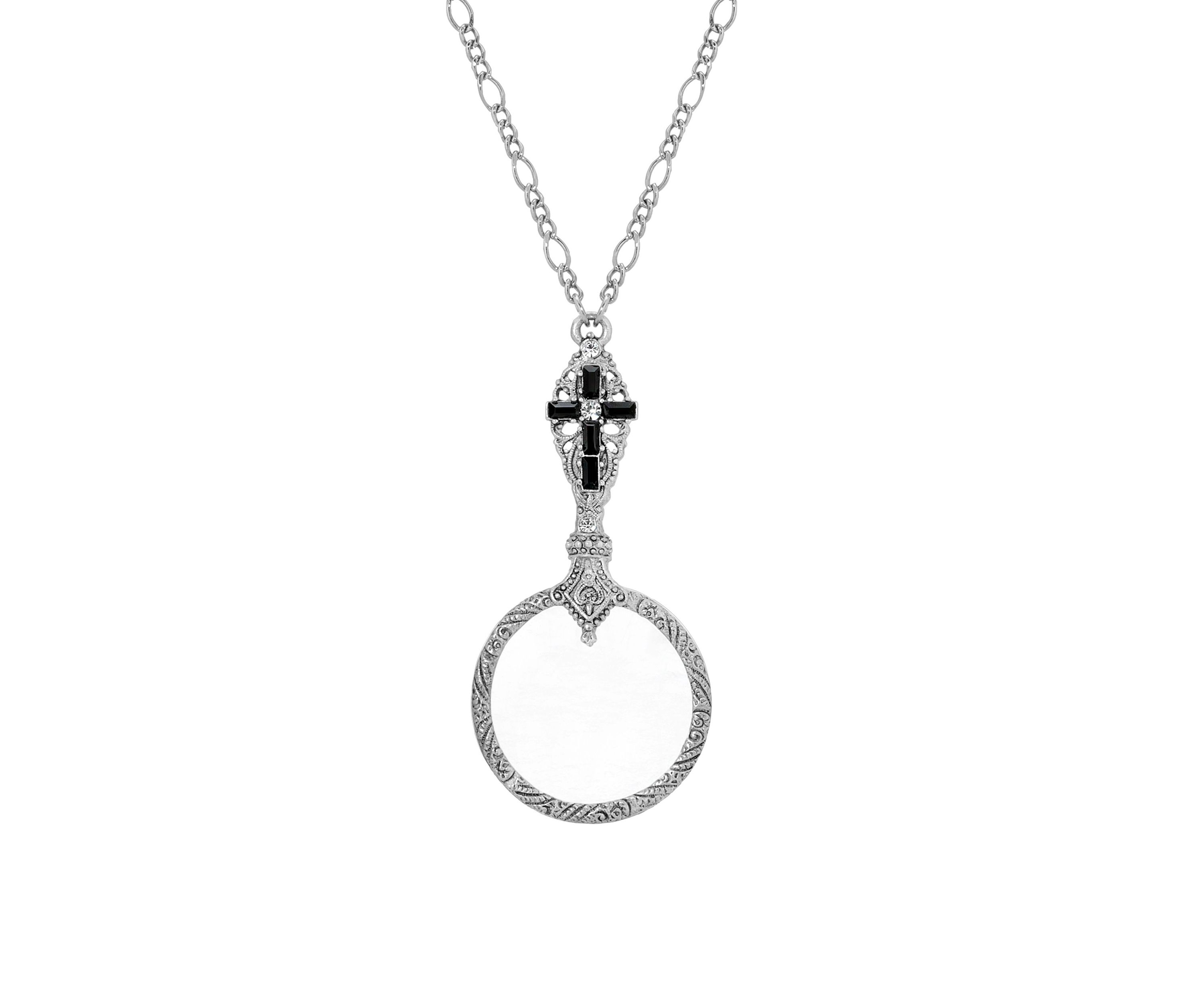 Pewter Black Crystal Cross Magnifier Necklace - 28"