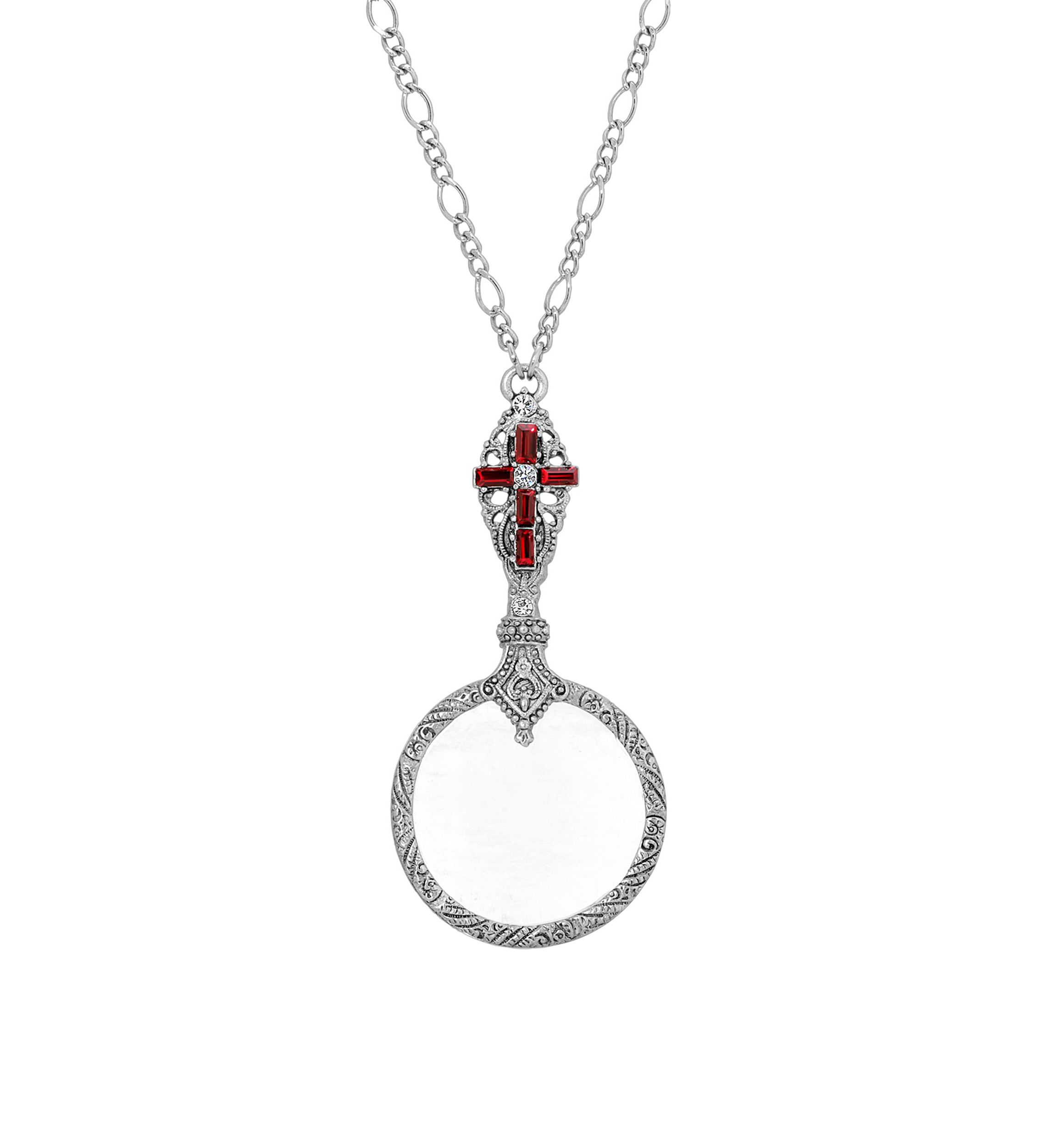 Pewter Red Crystal Cross Magnifier Necklace - 28"