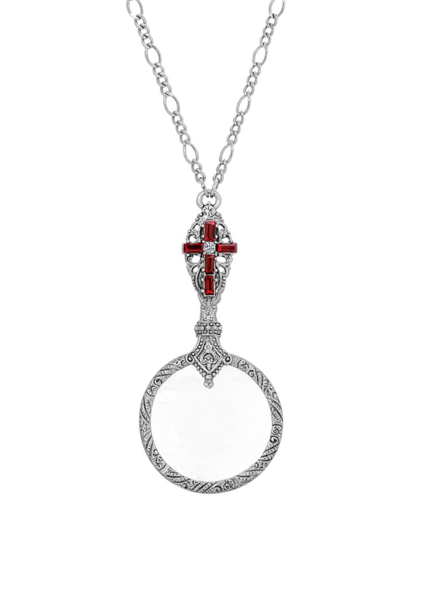 Pewter Red Crystal Cross Magnifier Necklace - 28"