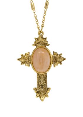 14K Gold Dipped Oval Semi Precious Genuine Rose Quartz Cross Necklace - 28"