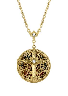 14K Gold Dipped Crystal Cross Round Locket Necklace - 30"