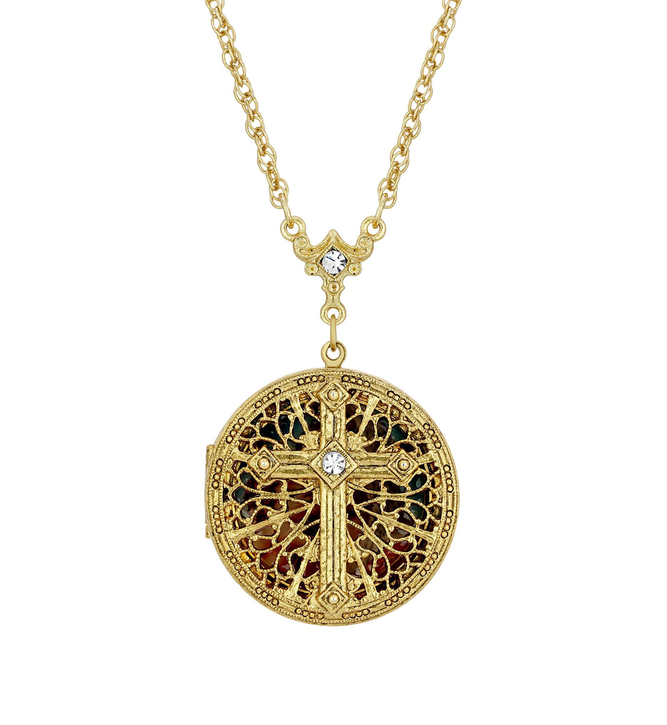 14K Gold Dipped Crystal Cross Round Locket Necklace - 30"