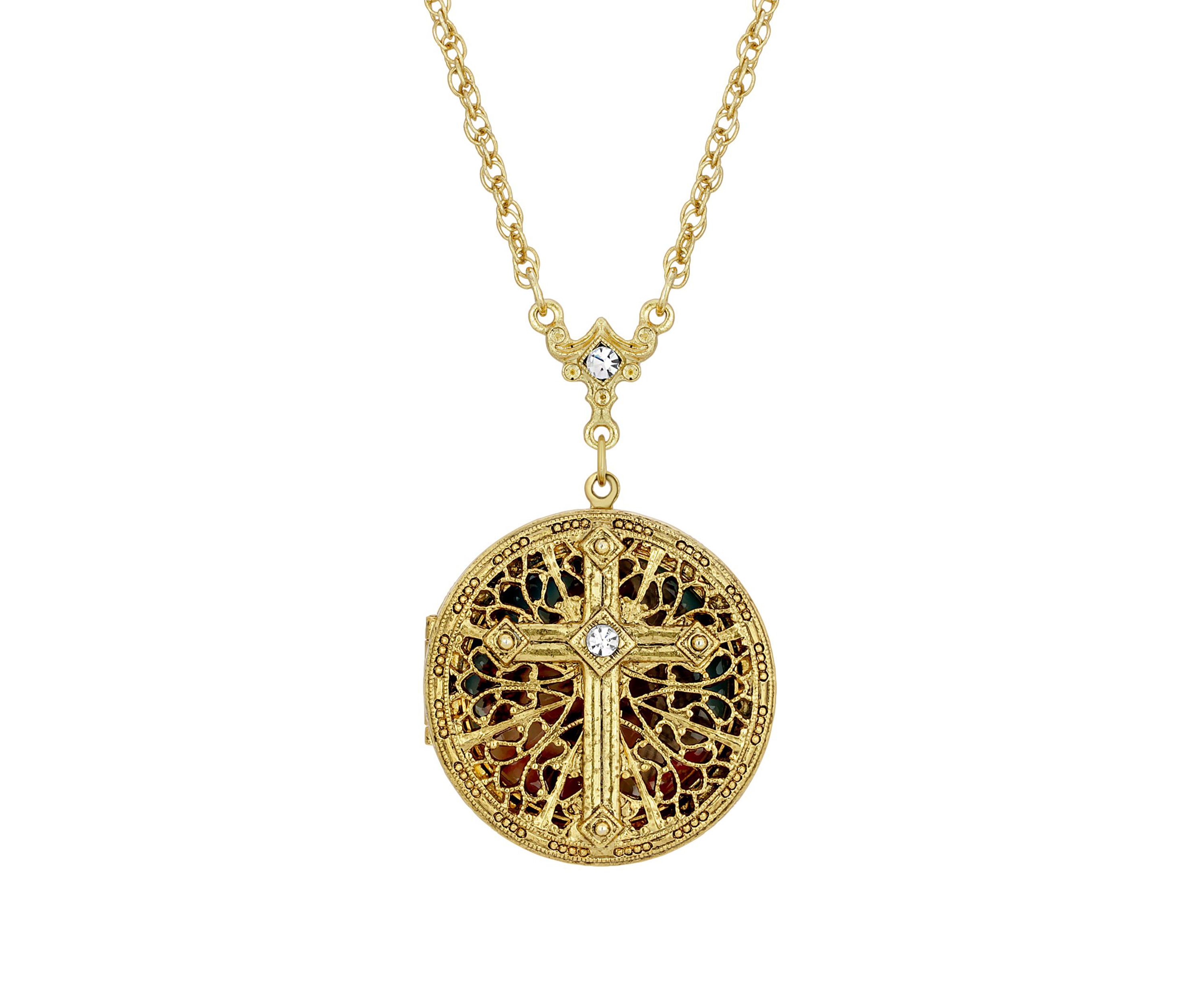 14K Gold Dipped Crystal Cross Round Locket Necklace - 30"