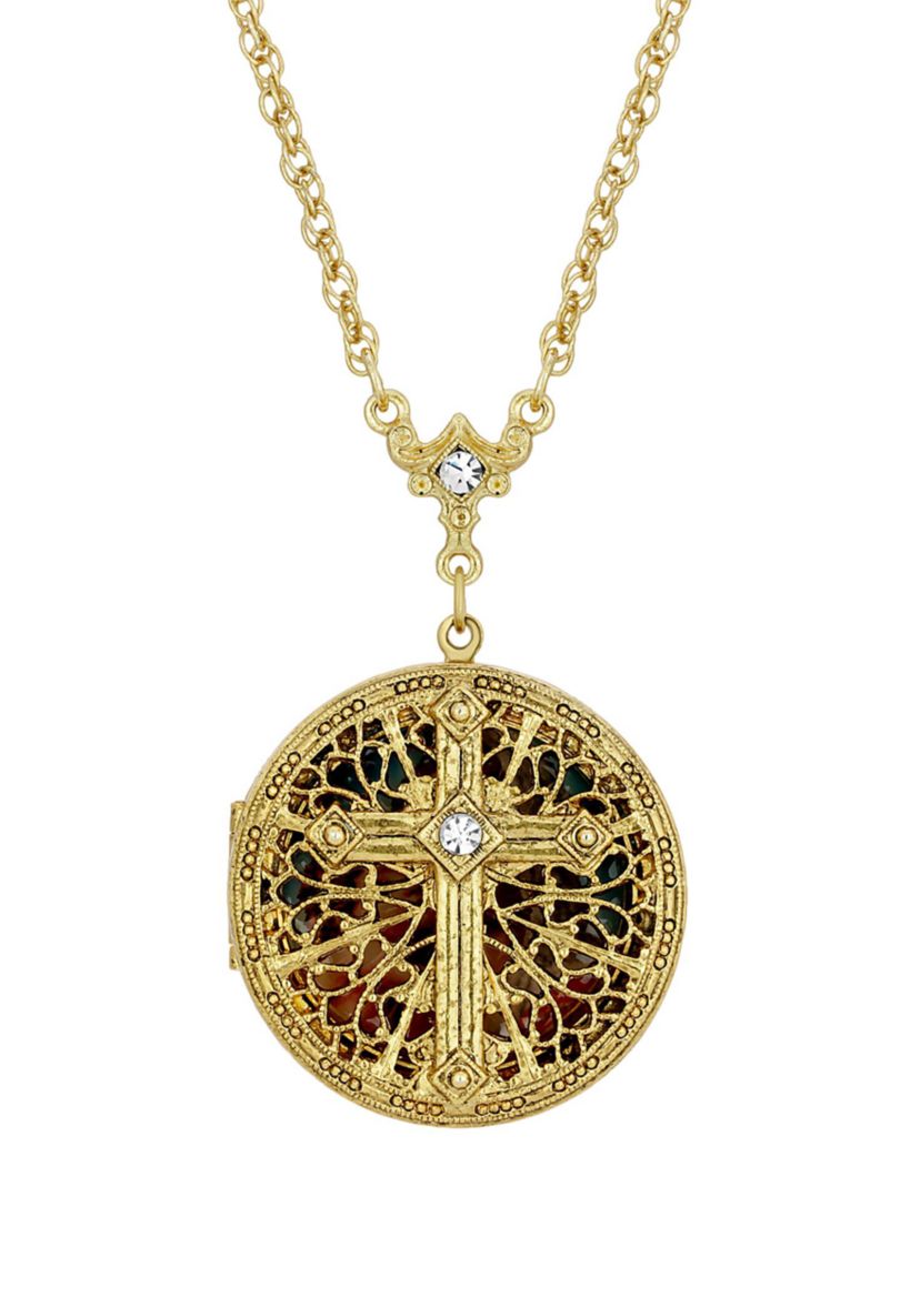 14K Gold Dipped Crystal Cross Round Locket Necklace - 30"