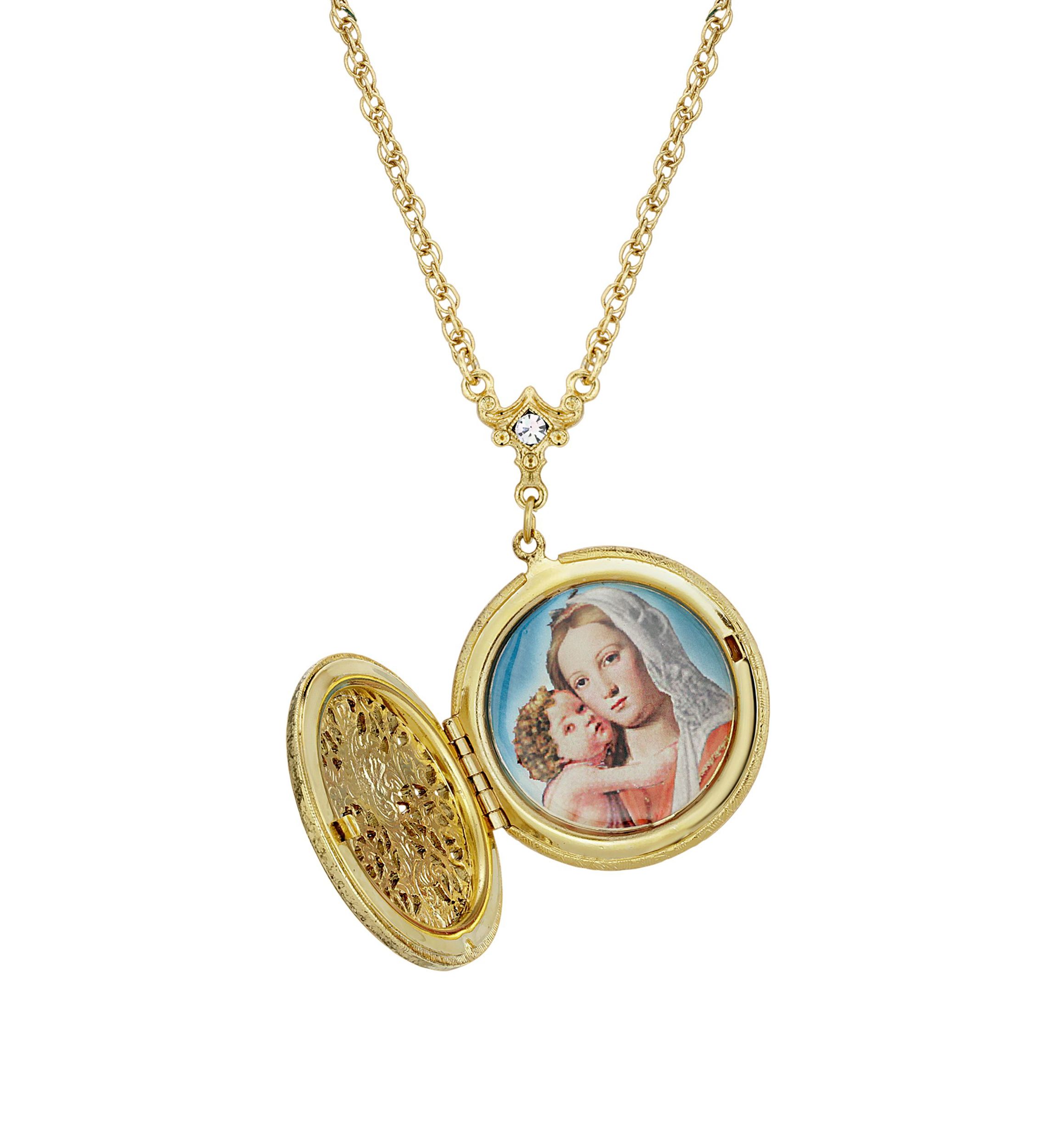 14K Gold Dipped Crystal Cross Round Locket Necklace - 30"