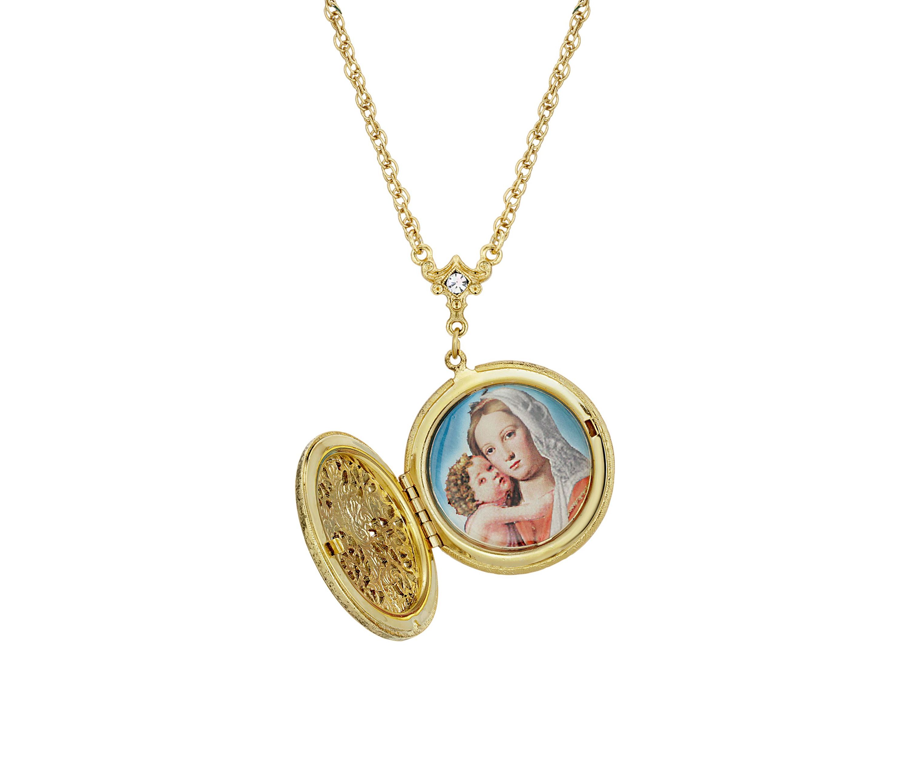 14K Gold Dipped Crystal Cross Round Locket Necklace - 30"