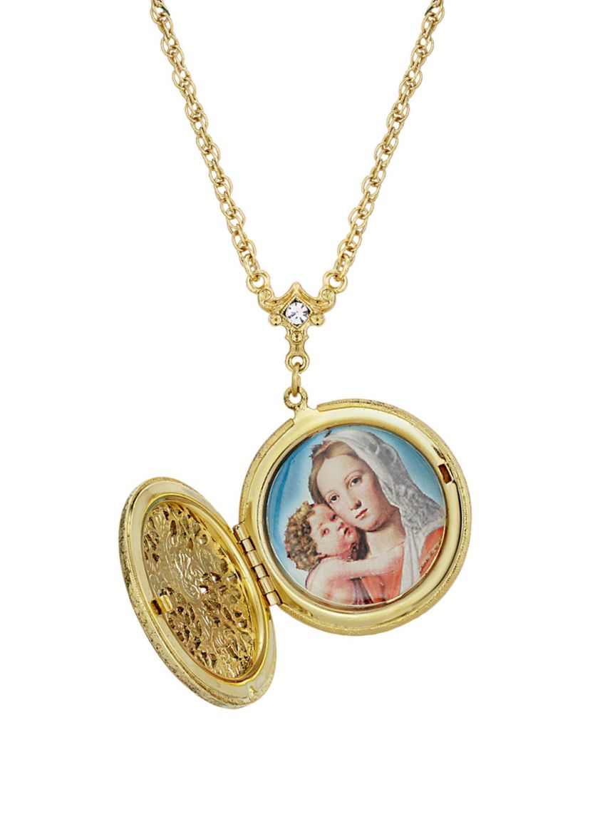 14K Gold Dipped Crystal Cross Round Locket Necklace - 30"